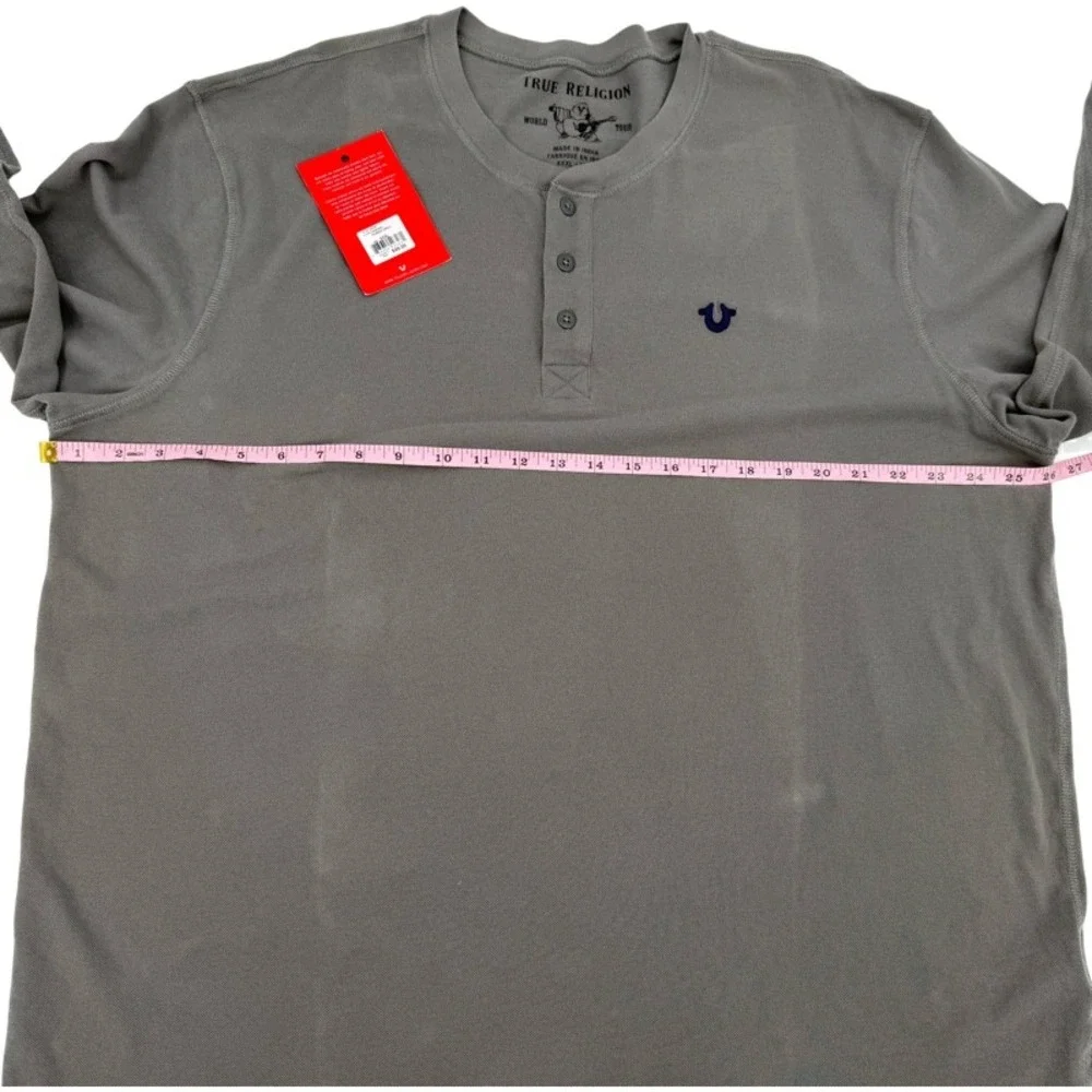 TRUE RELIGION *FLAW* NEW 3XL Henley Shirt Charcoal Gray Long Sleeve Logo Y2K